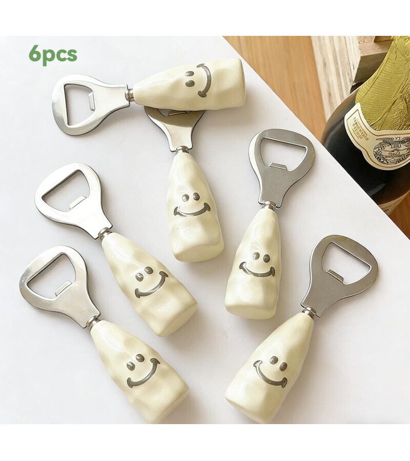 Set Of 6 Joyful Face Bottle Openers Imitation Ceramic Wine Beer Opener For Home Bar - Image 1