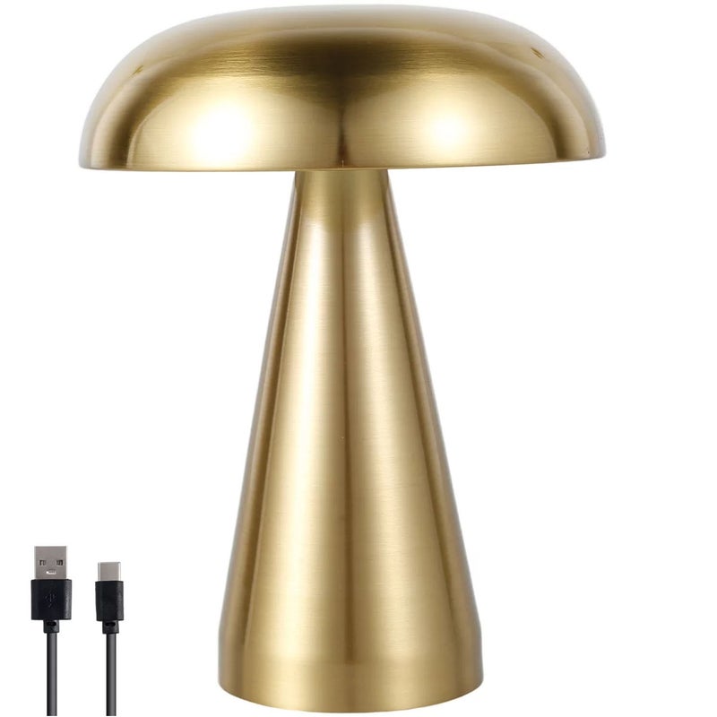 مصباح طاولة نوع فطر، مصباح مكتب LED لاسلكي محمول يصحب عبر USB، مصباح جنبي بنوع فطر مع خمسة درجات ظلامية بألوان ثلاثة للزينة من المعدن باللونين الذهبي والفضي ومخصص لغرفة النوم والغرفة المعيشة (الذهبي) - Image 1