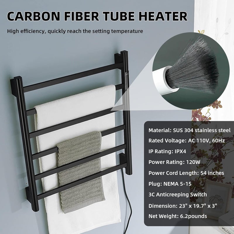 TRUSTMI TRUSTMI Electric Towel Heated Rack Wall Mounted 6 Bar Towel Warmer ClothDryer with Builtin Timer and Temperature Indicator 124 Hour 115F155F TouchOn Matte Black  - Image 4