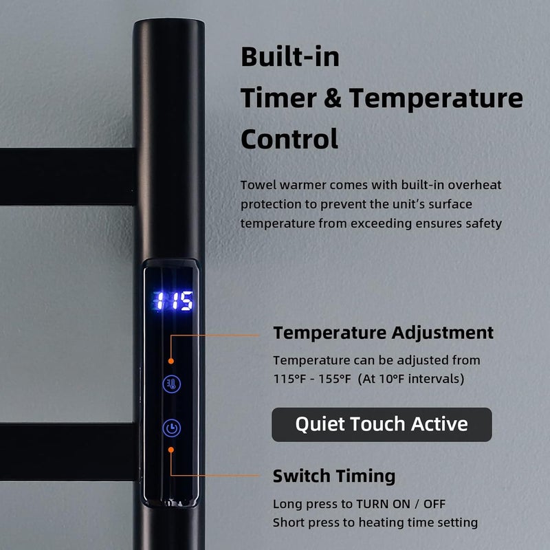TRUSTMI TRUSTMI Electric Towel Heated Rack Wall Mounted 6 Bar Towel Warmer ClothDryer with Builtin Timer and Temperature Indicator 124 Hour 115F155F TouchOn Matte Black  - Image 3