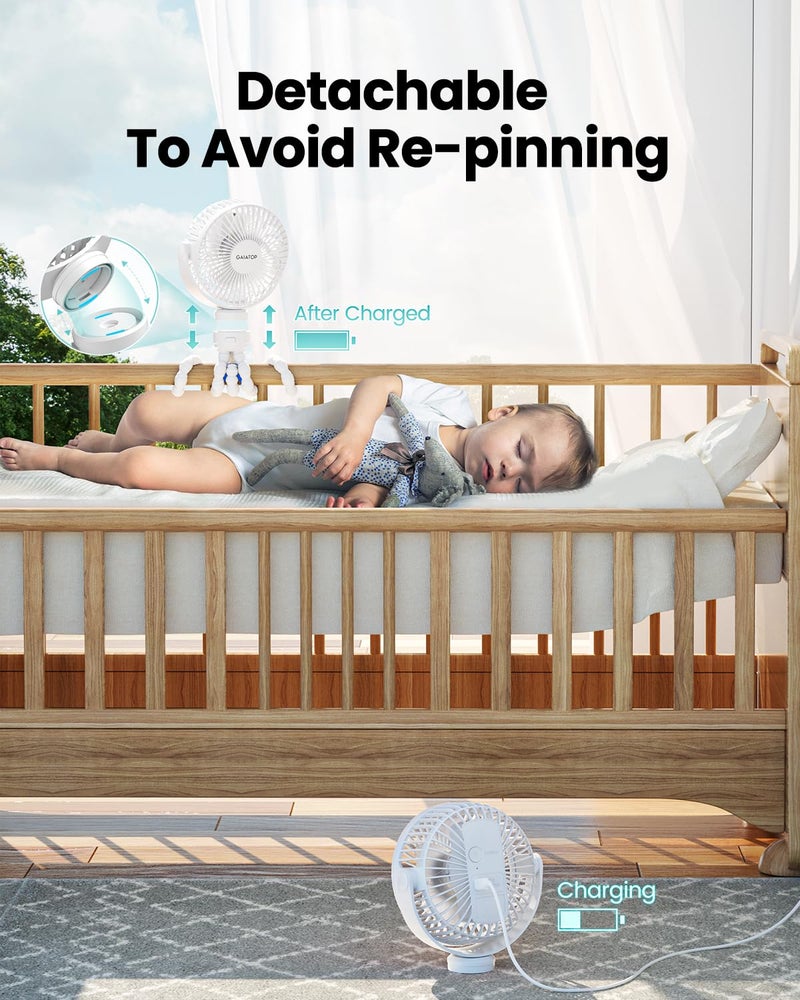 Gaiatop Mini Portable Stroller Fan, Battery Operated Small Clip on, Detachable 3 Speed Rechargeable, 360Â° Rotate Flexible Tripod Better Cooling for Car Seat Crib Treadmill Travel White - Image 4