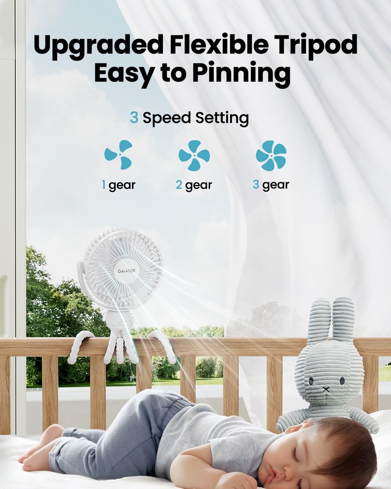 Gaiatop Mini Portable Stroller Fan, Battery Operated Small Clip on, Detachable 3 Speed Rechargeable, 360Â° Rotate Flexible Tripod Better Cooling for Car Seat Crib Treadmill Travel White - Image 3
