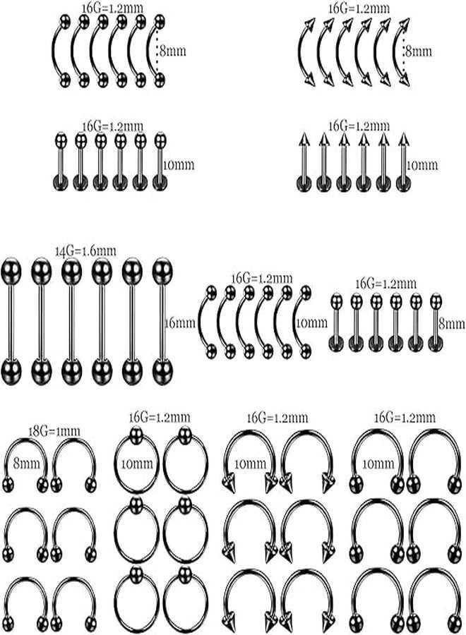 SHIELD PLUS Piercing Kit Stainless Steel Belly Tongue Tragus Nipple Lip Nose Ring Body Jewelry(74 Pieces) - Image 2
