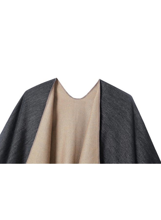 Tazhmily Women's Shawl Wrap Poncho Cape Cardigan Open Front Coat Shawl Wrap Scarf for Spring Fall Winter (Champagne Black), Champagne Black, L - Image 4