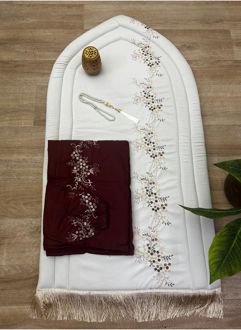 SMART HOME Prayer set consisting of a padded embroidered sponge prayer rug with an embroidered prayer sheet, made of excellent, soft, cool material that provides you with comfort, an incense burner, and a prayer beads. 