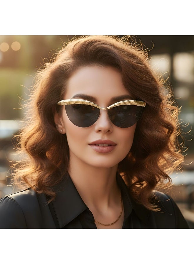فيل نظارات شمسية نسائية أنيقة بنمط القطة بإطار ذهبي فاخر - نظارات شمسية شبه خالية من الحواف بحماية UV400، نظارات شمسية أنيقة للحفلات والسفر والاستخدام اليومي - Image 2