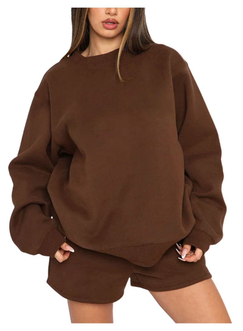 NIBEMINENT Women Suits Casual Fashion Solid O Neck Long Sleeve Sweatshirt High Waist Shorts  Autumn Simple Tracksuit - Image 1