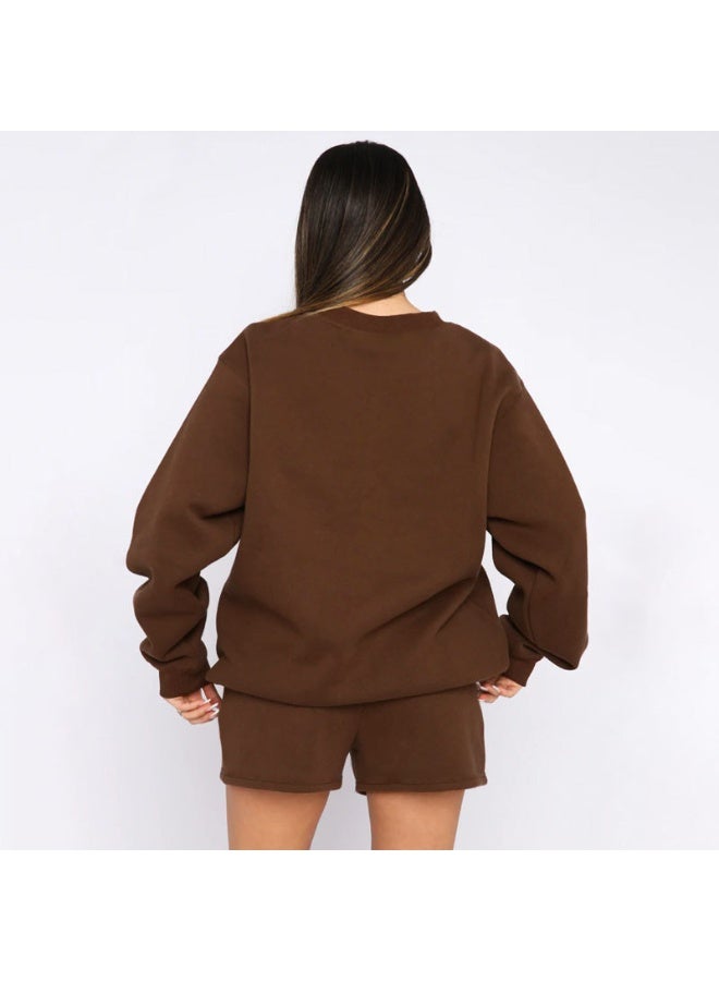 NIBEMINENT Women Suits Casual Fashion Solid O Neck Long Sleeve Sweatshirt High Waist Shorts  Autumn Simple Tracksuit - Image 2