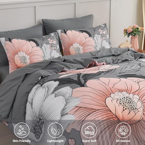 Xruibed Queen Comforter Set 7 Pieces Grey Floral Comforter Set Queen Size Bed in a Bag Flower Bedding Sets Lightweight Boho Bed Set with Sheet,Pillowcases&Shams for All Season - Image 3