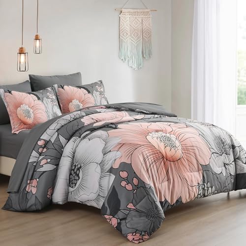 Xruibed Queen Comforter Set 7 Pieces Grey Floral Comforter Set Queen Size Bed in a Bag Flower Bedding Sets Lightweight Boho Bed Set with Sheet,Pillowcases&Shams for All Season - Image 2