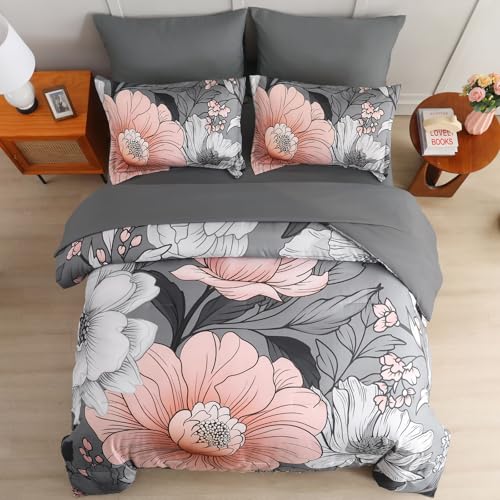 Xruibed Queen Comforter Set 7 Pieces Grey Floral Comforter Set Queen Size Bed in a Bag Flower Bedding Sets Lightweight Boho Bed Set with Sheet,Pillowcases&Shams for All Season - Image 4