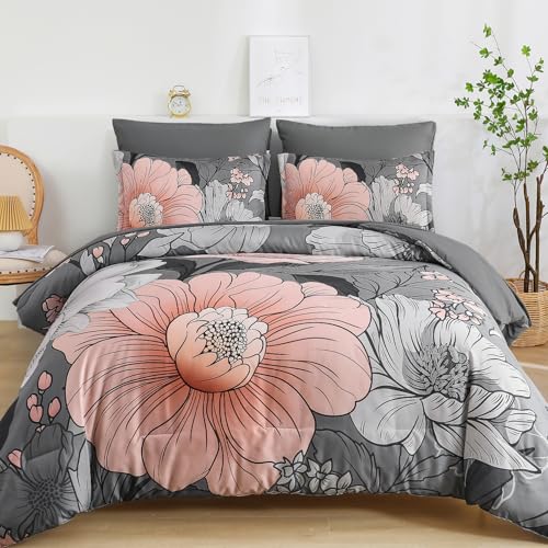 Xruibed Queen Comforter Set 7 Pieces Grey Floral Comforter Set Queen Size Bed in a Bag Flower Bedding Sets Lightweight Boho Bed Set with Sheet,Pillowcases&Shams for All Season - Image 1