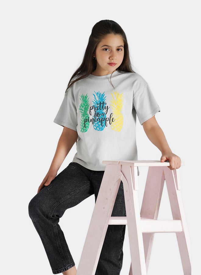 ريمينت تيشرت للبنات برسمة الاناناس رمادي  - Image 3