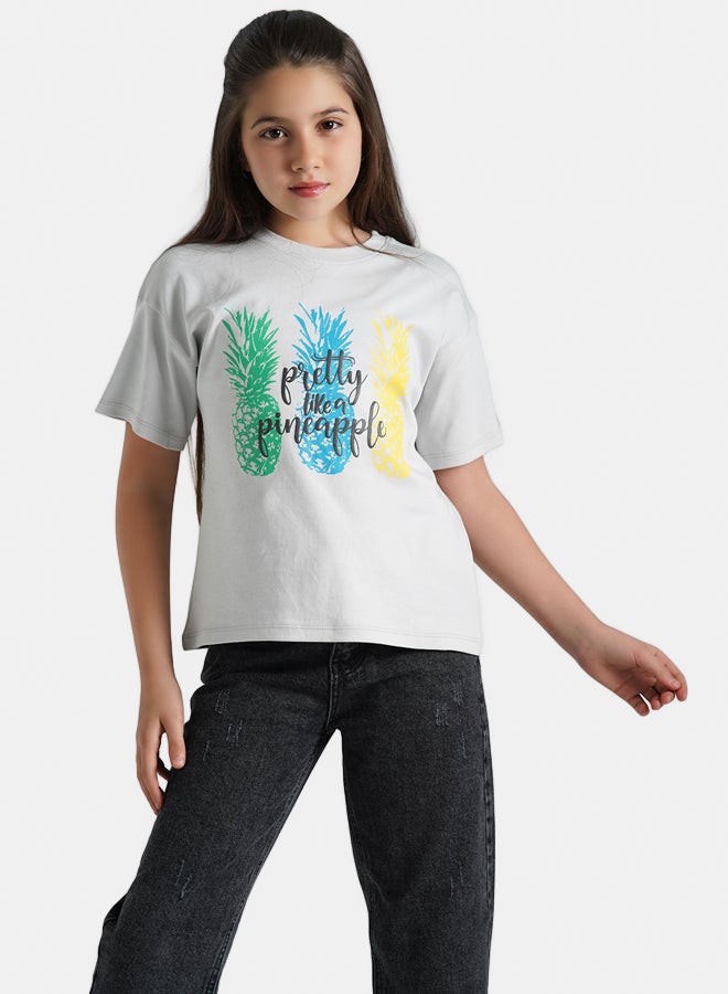 ريمينت تيشرت للبنات برسمة الاناناس رمادي  - Image 1