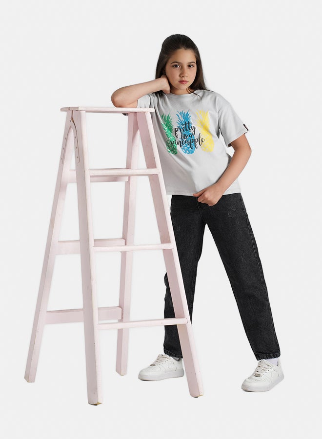 ريمينت تيشرت للبنات برسمة الاناناس رمادي  - Image 2