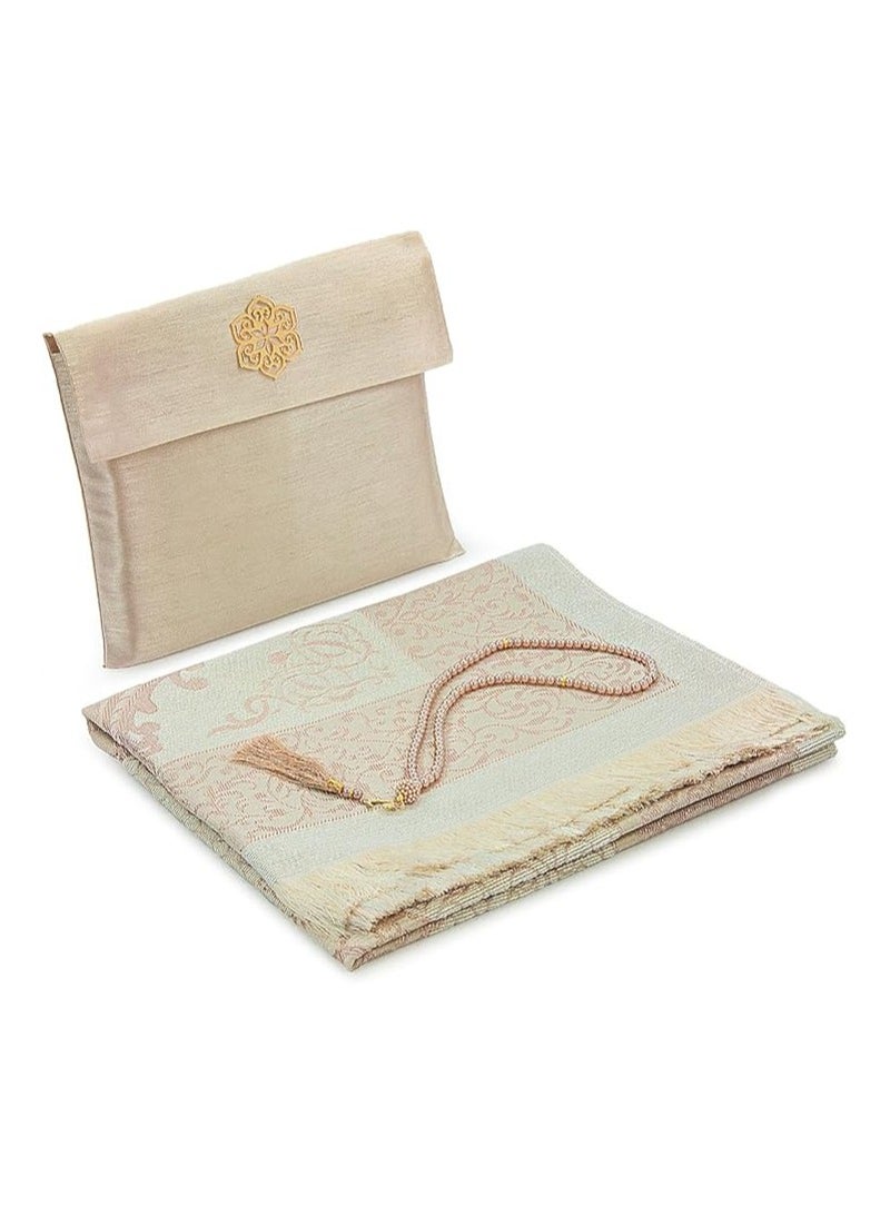 Muslim Prayer Rug and Beads with Elegant Slub Fabric Bag | Janamaz | Sajadah | Soft Islamic Prayer Rug | Islamic Gifts | Prayer Carpet Mat, Taffeta Fabric, Gold - Image 1