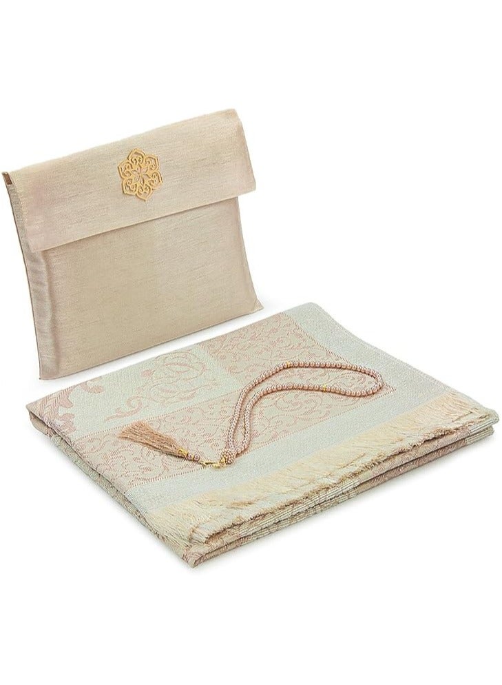 Muslim Prayer Rug and Beads with Elegant Slub Fabric Bag | Janamaz | Sajadah | Soft Islamic Prayer Rug | Islamic Gifts | Prayer Carpet Mat, Taffeta Fabric, Gold - Image 2