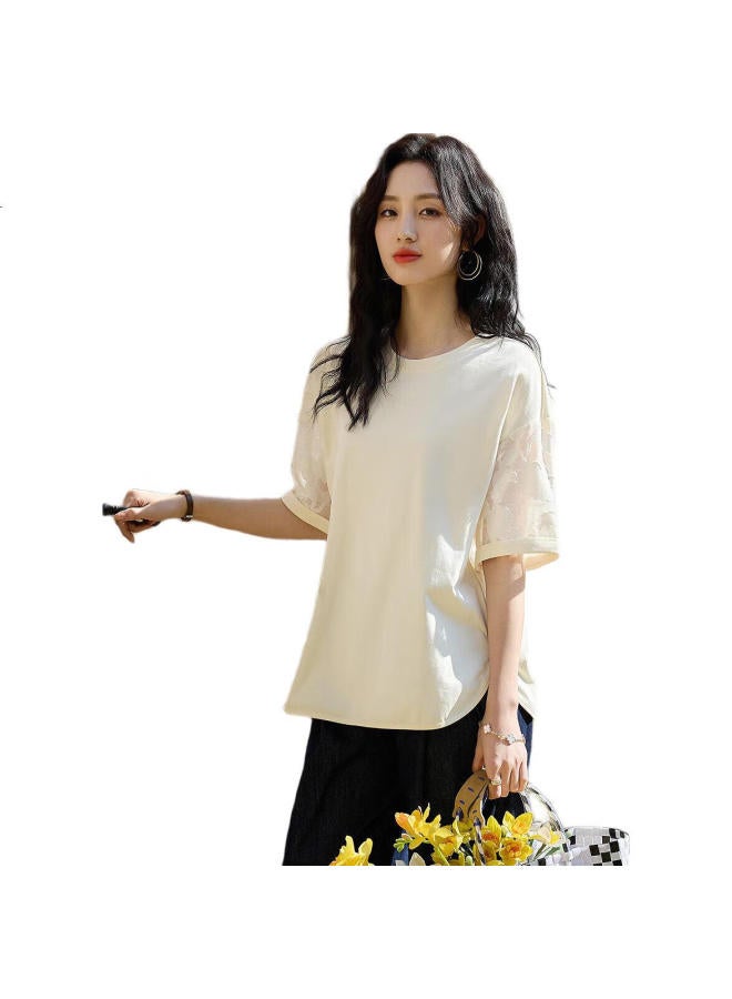 dme [230G Sun Cotton] Summer Fresh Round Neck Drop Shoulder Basic Shirt Spliced Loose Elastic Women'S T-Shirt - Image 3