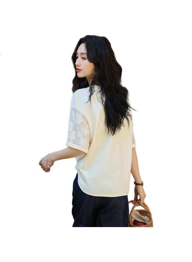 dme [230G Sun Cotton] Summer Fresh Round Neck Drop Shoulder Basic Shirt Spliced Loose Elastic Women'S T-Shirt - Image 2