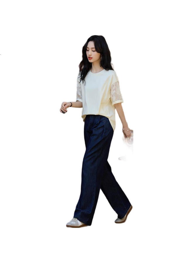 dme [230G Sun Cotton] Summer Fresh Round Neck Drop Shoulder Basic Shirt Spliced Loose Elastic Women'S T-Shirt - Image 1