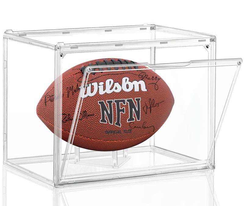 Football Display Case KKU Acrylic Clear Football Case Full Size with Magnetic Door Professional Memorabilia Football Display Boxes Football Holder Dust and UV Protection