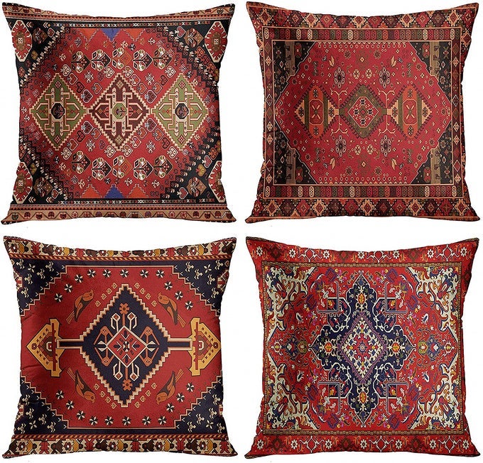 SET OF 4 THROW PILLOW COVERS TRIBAL ABSTRACT RED AND BLACK VINTAGE CARPET PATTERN DECORATIVE PILLOW CASES HOME DECOR STANDARD SQUARE 20X20 INCHES PILLOWCASES