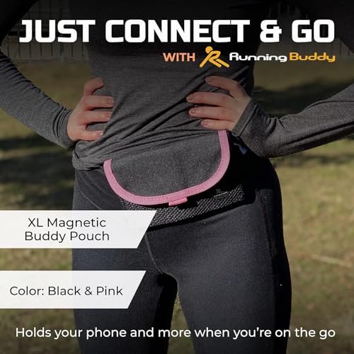 Running Buddy Magnetic Fanny Pack - Water-Resistant Belt Bag - Secure Magnetic Closure Waist Pack - Phone Belt Holder & Headphone Port - XL 6.8 x 4 in, Black/Pink - Image 2