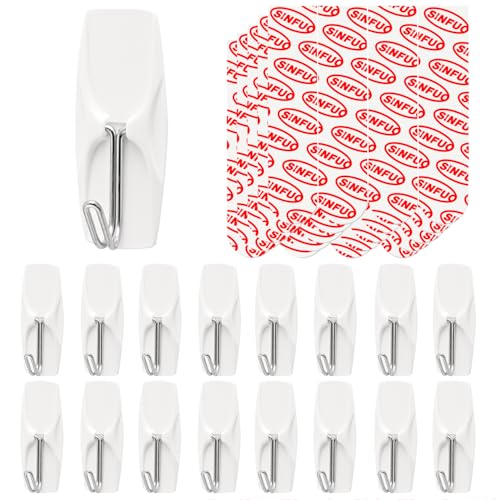 Sinfuo Wire Hooks for Wall Medium 16 Hooks Heavy Duty Wall Hooks with 16 Strips Damage Free Adhesive Hooks for Key Holder Coat Door Shower Hanging