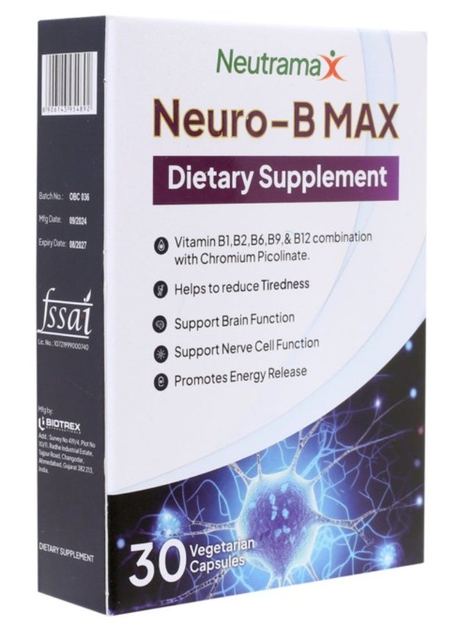 Neutramax Neuro B Max Dietary Supplement 30 Veg Capsules | Vitamin B Complex Formula | Supports Nerve Health, Energy & Daily Wellness - Image 1