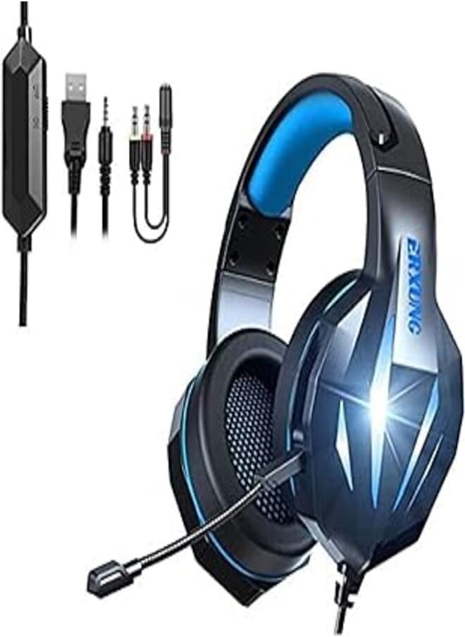 ERXUNG - Erxung J5 LED light Gaming Surrounding Headset With Noise Cancelation Microphone USB With 3.55mm Jack For PC & Playstation - Black/Blue, Wired Headphones Headset - Image 1