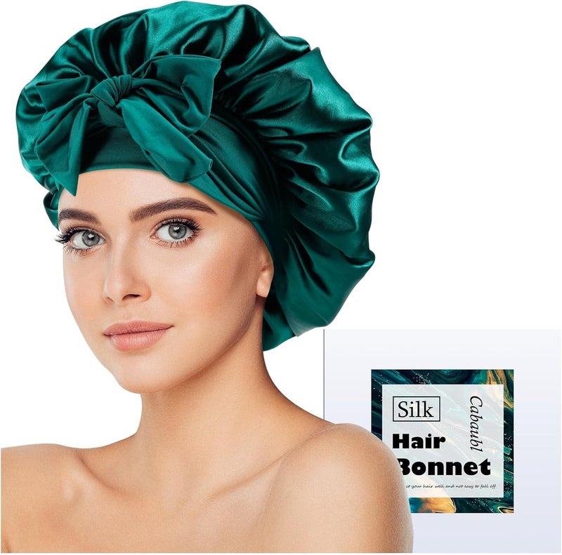 Silk Bonnet for Sleeping,Satin Bonnet for Women,Silky Bonnet with Tie Band,Large Bonnet Hair Wrap with Adjustable Straps,Satin Silk Bonnet Night Sleep Cap for Women Curly Hair Green