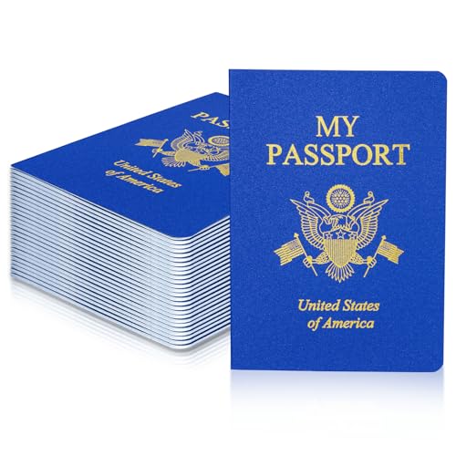 XIISVINT 60 Pcs Blank Passport Notebook Blue Passport Book Fake Passport Travel Journal Sticker Collection Book for Kids School Projects World Travel Pretend Activity Party Favors, 5.51x3.9 Inch - Image 1