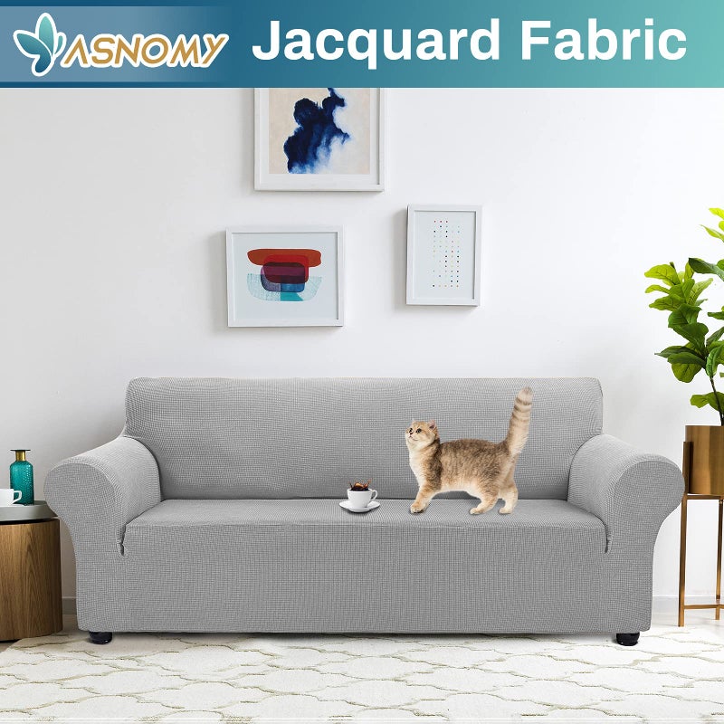 Asnomy Couch Covers for 3 Cushion Couch Stretch Sofa Covers Slipcovers, Pet Protector Furniture Covers for Dogs Cats Spandex Jacquard Fabric Small Checks ï¼ˆLargeï¼ŒSilverï¼‰ - Image 2