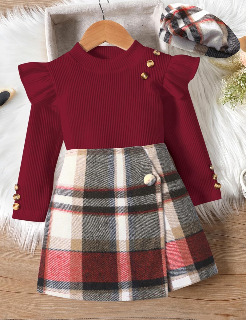 Aulyffo Toddler Girl Clothes 2t Girls Outfits 3t Red Ruffle Shirt Button Long Sleeve Tops + Red Plaid Mini Skirt Shorts + Cute Hat 3Pcs Toddler Girl Fall Outfit - Image 4