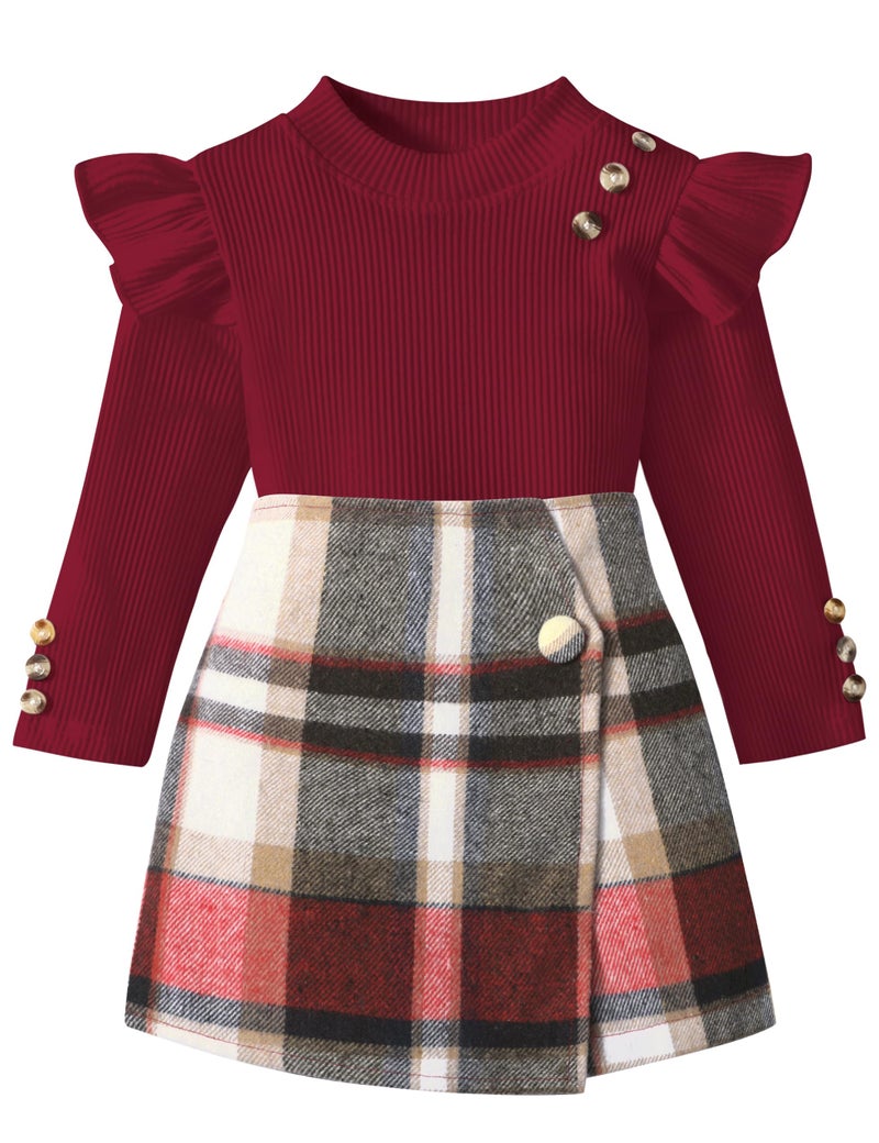 Aulyffo Toddler Girl Clothes 2t Girls Outfits 3t Red Ruffle Shirt Button Long Sleeve Tops + Red Plaid Mini Skirt Shorts + Cute Hat 3Pcs Toddler Girl Fall Outfit - Image 1