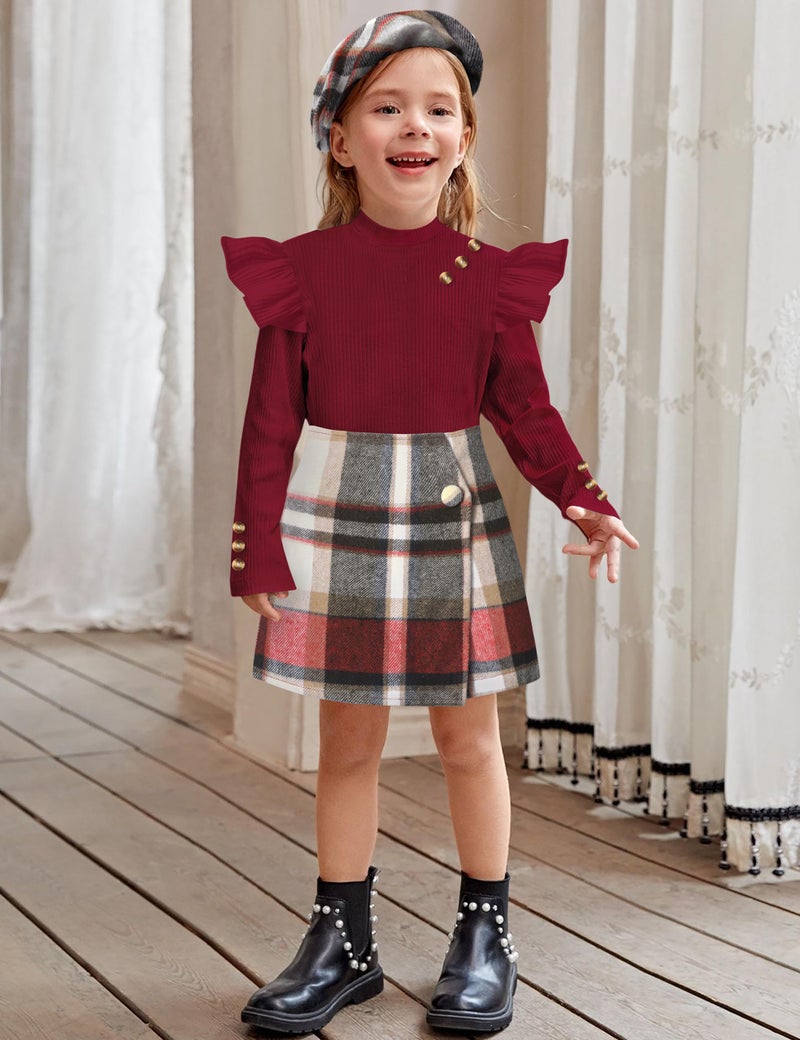 Aulyffo Toddler Girl Clothes 2t Girls Outfits 3t Red Ruffle Shirt Button Long Sleeve Tops + Red Plaid Mini Skirt Shorts + Cute Hat 3Pcs Toddler Girl Fall Outfit - Image 3