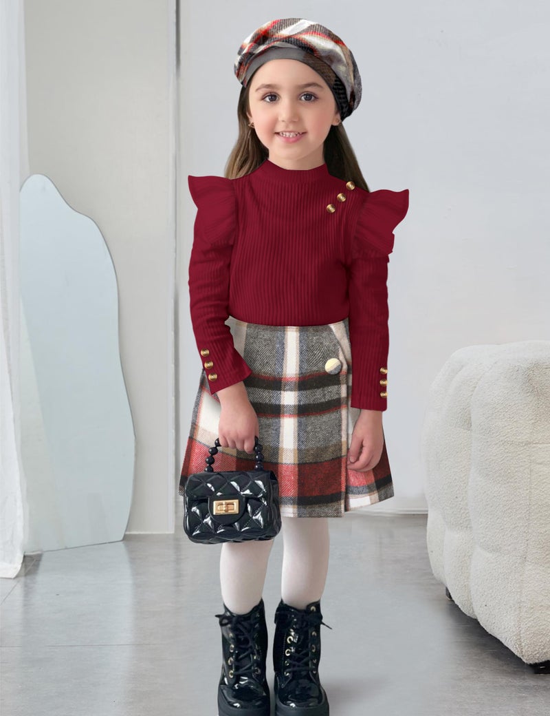 Aulyffo Toddler Girl Clothes 2t Girls Outfits 3t Red Ruffle Shirt Button Long Sleeve Tops + Red Plaid Mini Skirt Shorts + Cute Hat 3Pcs Toddler Girl Fall Outfit - Image 2