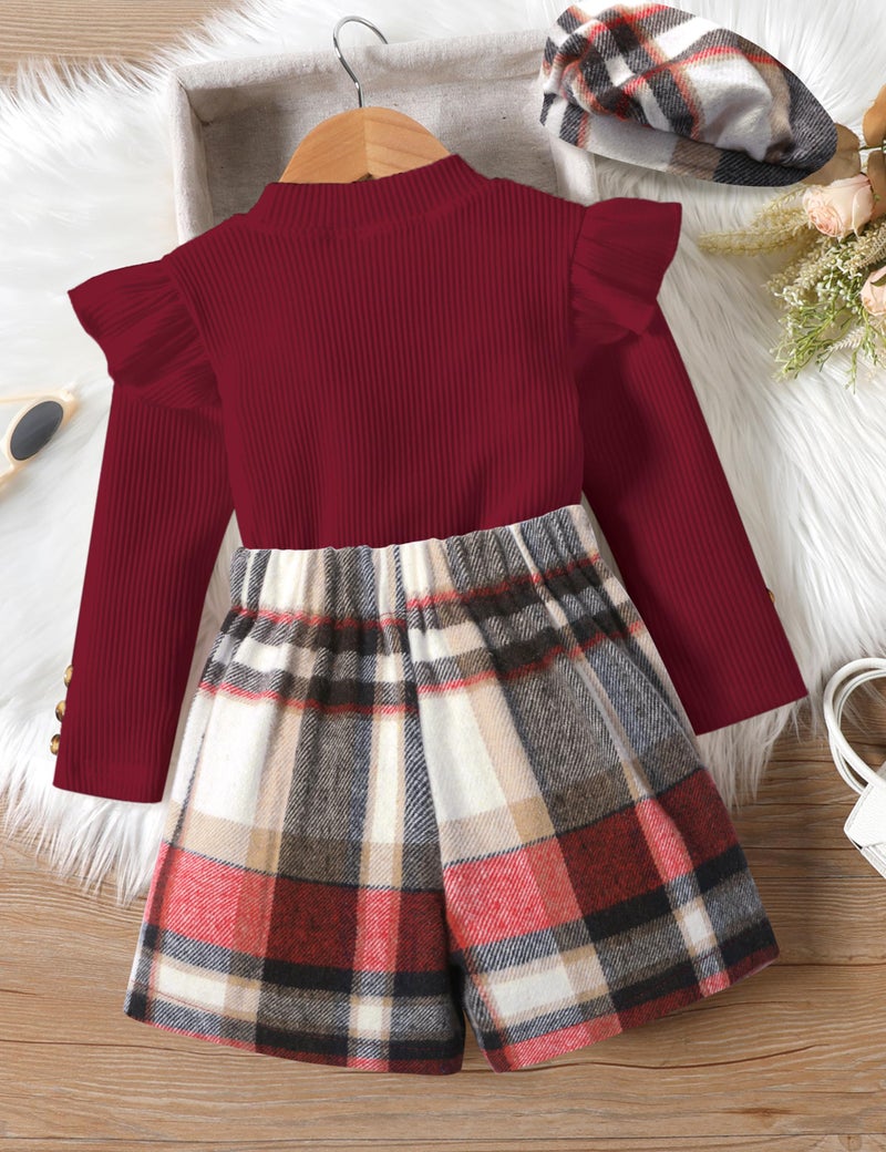 Aulyffo Toddler Girl Clothes 2t Girls Outfits 3t Red Ruffle Shirt Button Long Sleeve Tops + Red Plaid Mini Skirt Shorts + Cute Hat 3Pcs Toddler Girl Fall Outfit - Image 5
