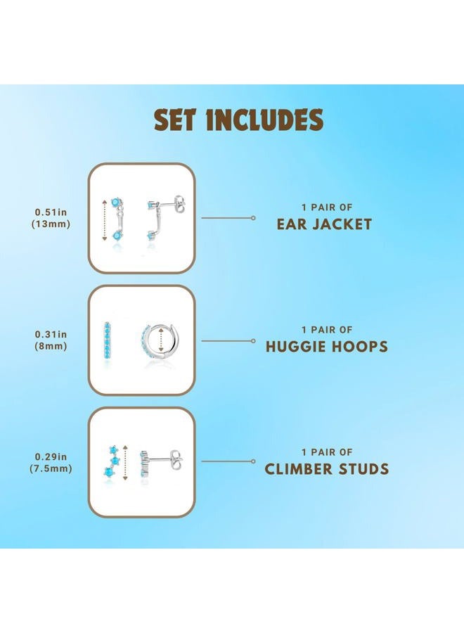 NOKMIT 3 Pairs Mini Hoop Earrings Set Turquoise Cubic Zirconia Huggie Hoop Cartilage Earring Ear Cuff for Women (Turquoise/CZ), Small, Sterling Silver, Turquoise - Image 5