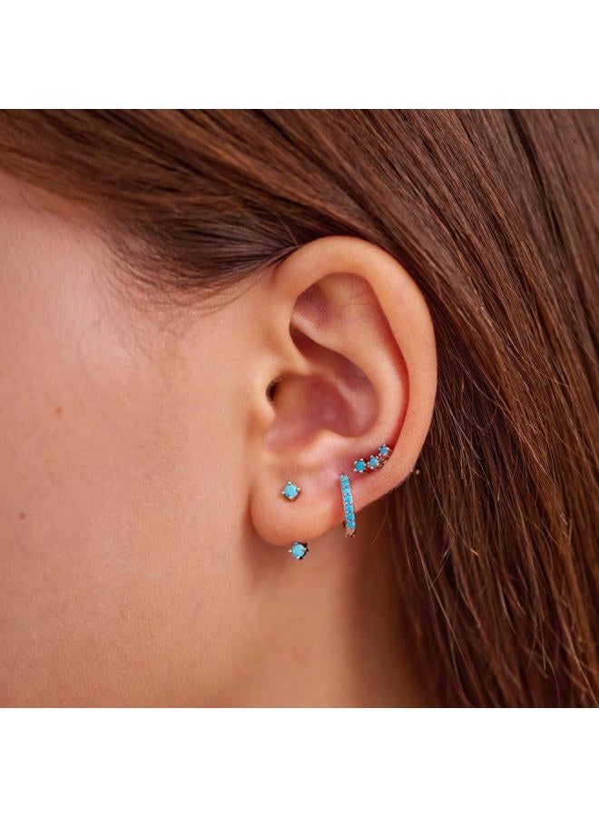 NOKMIT 3 Pairs Mini Hoop Earrings Set Turquoise Cubic Zirconia Huggie Hoop Cartilage Earring Ear Cuff for Women (Turquoise/CZ), Small, Sterling Silver, Turquoise - Image 2