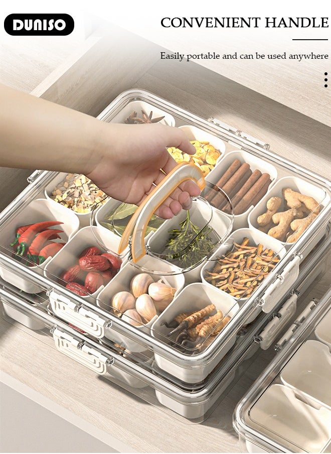 DUNISO - Divided Serving Tray with Lid and Handle, Clear Portable Snack Box Container, Veggie Tray Fruit Tray, 12 Compartment Square Food Storage Organizer for Snack, Fruits, Veggie, Candy, Nut, Spice - Image 1