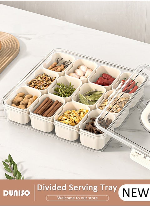 Divided Serving Tray with Lid and Handle, Clear Portable Snack Box Container, Veggie Tray Fruit Tray, 12 Compartment Square Food Storage Organizer for Snack, Fruits, Veggie, Candy, Nut, Spice