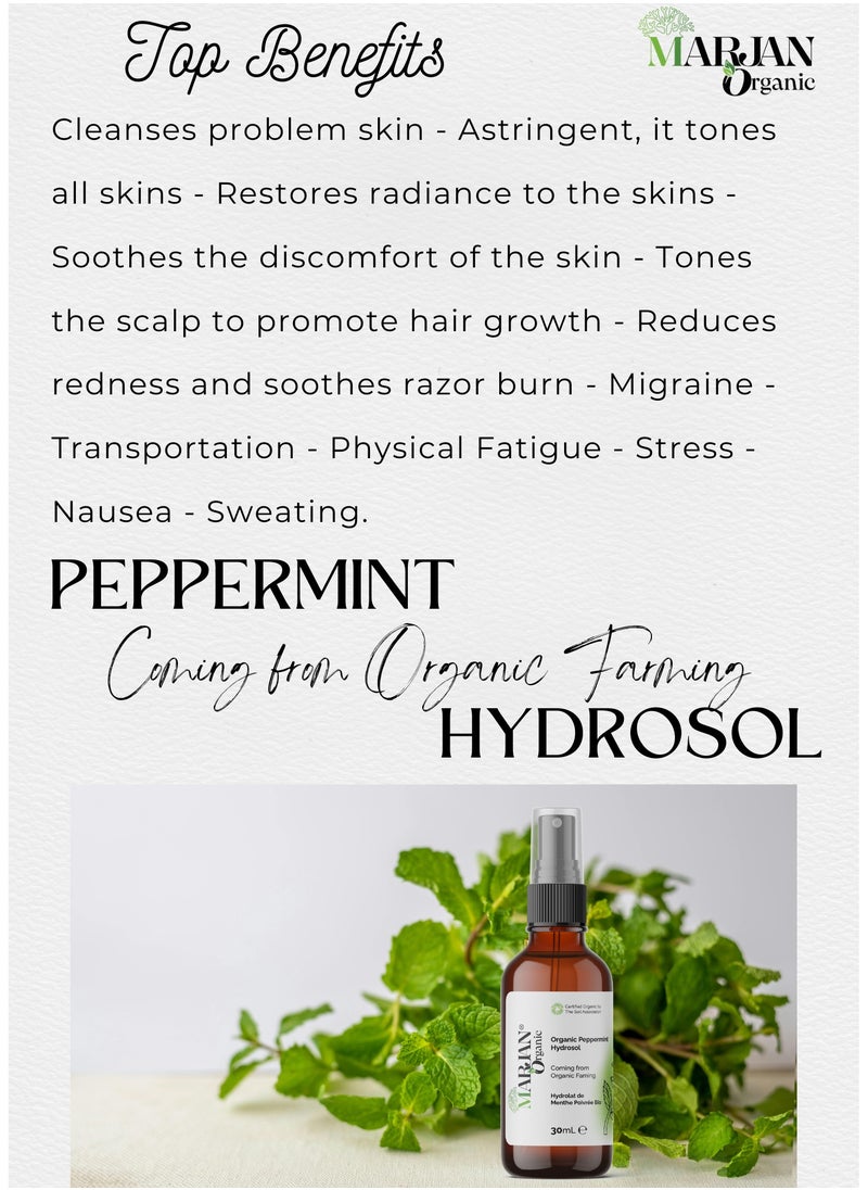 MARJAN ORGANIC - Peppermint Hydrosol Floral Water, 30ml, Cleansing Hydrating Face Mist, Body Mist, Cooling Scalp Mist, Headache Relief, Vegan, GMO Free - Image 1