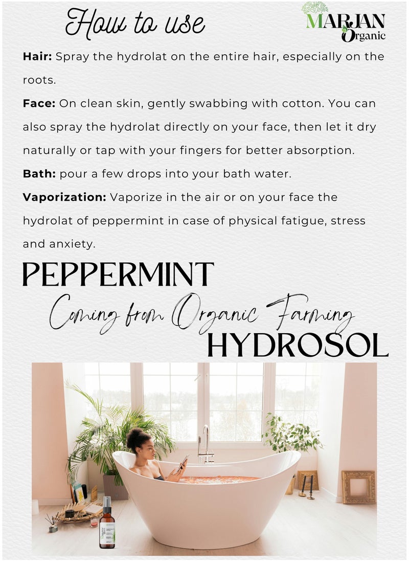 MARJAN ORGANIC - Peppermint Hydrosol Floral Water, 30ml, Cleansing Hydrating Face Mist, Body Mist, Cooling Scalp Mist, Headache Relief, Vegan, GMO Free - Image 1