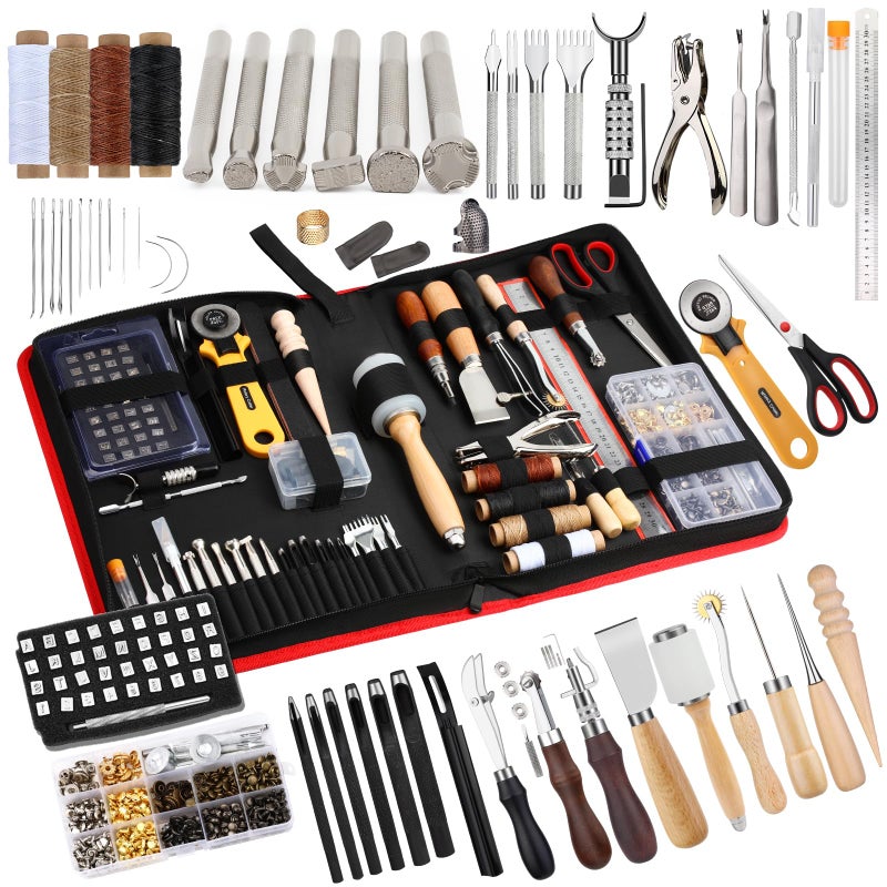 SUVSOON Leather Working Kit Professional Leather Crafting Tools and Supplies Leather Tooling Kit with Storage Bag Punching Stamping Carving Rivet and Snap Leather Working Tools for DIY Craft