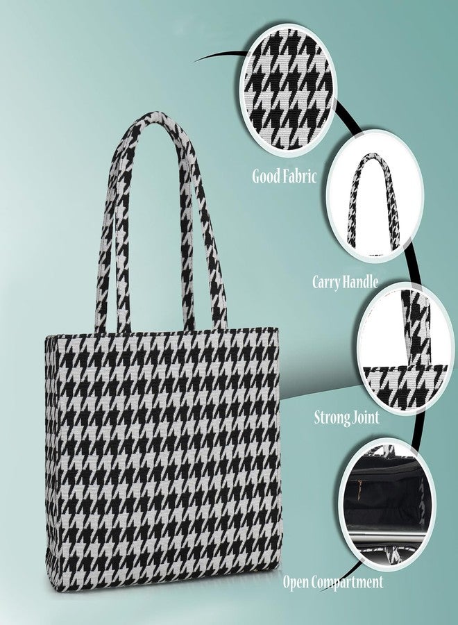 creeper Houndstooth Tote Bag for Women, Black & White Pattern, Large Capacity Multi-Pocket Shoulder Handbag with Carry Handles, Open Compartment Design - Image 2