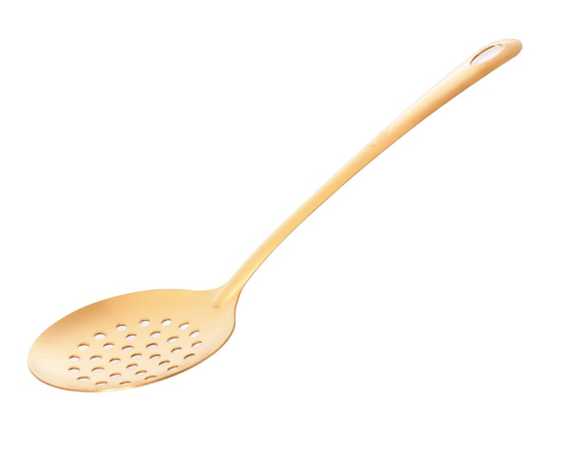 Large Kitchen Skimmer Spoon, Gold Coloured, Long Handle with Hanging Loop - Image 1