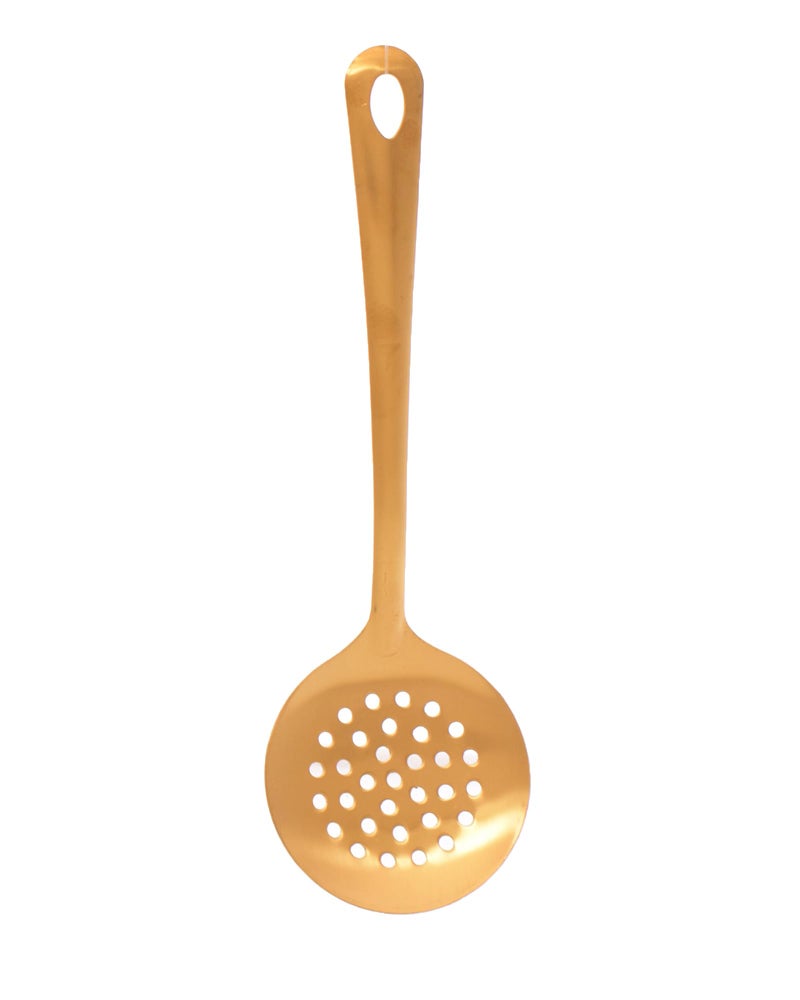 Large Kitchen Skimmer Spoon, Gold Coloured, Long Handle with Hanging Loop - Image 2
