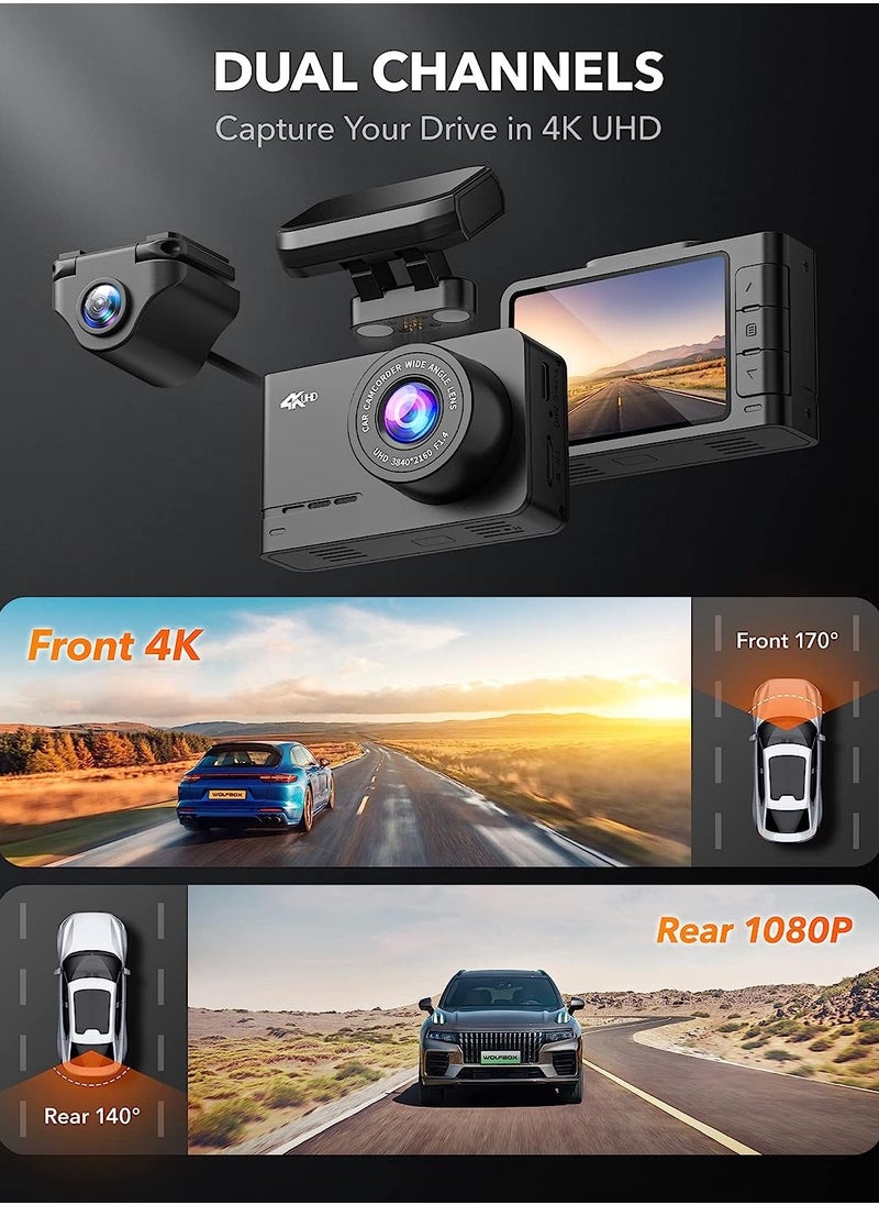 WOLFBOX - WOLFBOX 4K Dash Cam Front and Rear, Car Camera for Cars with Built-in WiFi GPS, Dual Dash Camera with 170° Wide Angle, WDR Night Vision, Loop Recording, G-Sensor, Parking Monitor, Max Support 128GB - Image 1