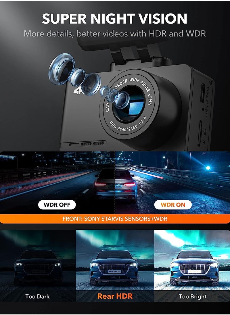 WOLFBOX - WOLFBOX 4K Dash Cam Front and Rear, Car Camera for Cars with Built-in WiFi GPS, Dual Dash Camera with 170° Wide Angle, WDR Night Vision, Loop Recording, G-Sensor, Parking Monitor, Max Support 128GB - Image 1